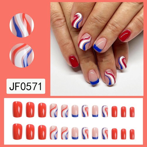 Independence Day Press on Nails，4th of July celebrate American Red Blue White Swirl Design Fake Nails,Patriotic French Tip False Nails for Women and Girls DIY Manicure Decorations 24 PCS