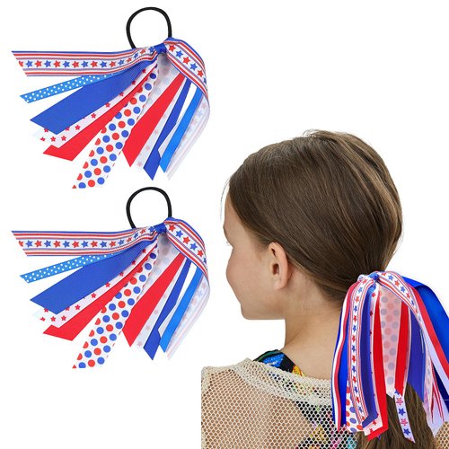 Patriotic Hair Scrunchies for Hair - 2Pcs American Flags Hair Ties Red White and Blue Hair Ribbon Hair Elastics Bands Ponytail Holders 4th of July Hair Accessories for Women Girls Independence Day