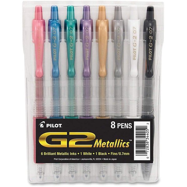 Pilot, G2 Metallics Gel Roller Pens, Fine Point 0.7 mm, Assorted Colors, Pack of 8