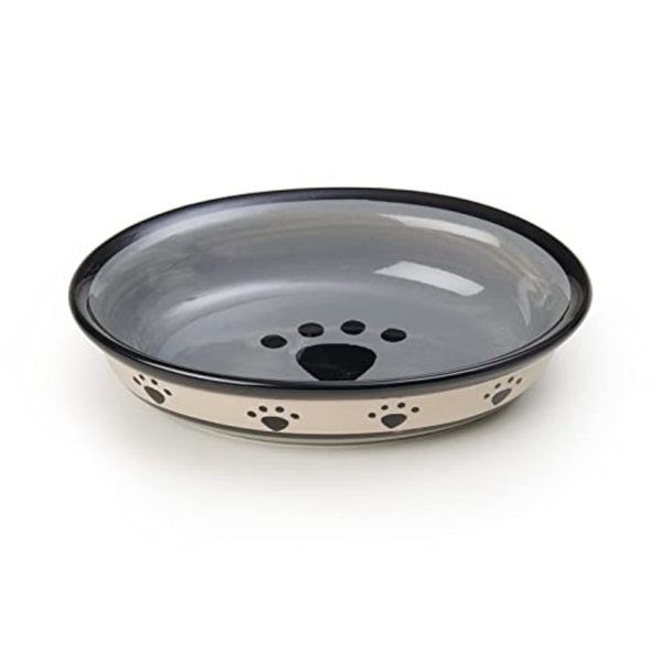 PetRageous 44247 Oval Metro Paws Stoneware Cat Bowl 6.25-Inch Wide and 1.5-Inch Tall Saucer with 1-Cup Capacity and Dishwasher and Microwave Safe for Small Dogs and Cats, Multicolored,Black