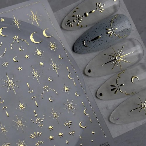 Moon Sun Star Nail Stickers 5D Gold Bronzing Classic Moon Star Back Adhesive Nail Decals Retro Laser Sun Moon Luxury Gold Sliver Nail Art Stickers Manicure Art for Women Girls Nail Decorations