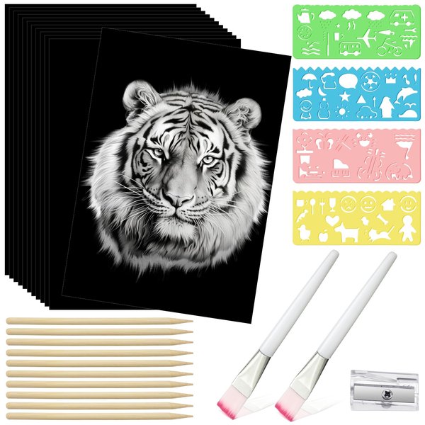 Noveread 50 Sheet Scratch Paper Art Set 8.5 x 11 Inch Black Coated Scratchboard Black Scratch Paper with Wooden Stylus and Stencils DIY Scratch Painting Art Paper for Adults