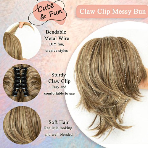 Alinyasha Claw Clip Messy Bun Hair Piece Short Ponytail Extension with 3 Bendable Metals Wires Synthetic Fake Hair Bun for Women DIY Full Easy Bun Ponytail(12H24/Chestnut Brown with Golden Highlights)