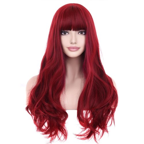 BERON 26 Inches Red Wig Long Wavy Wig with Bangs for Women Long Wig Wine Red Wigs for Daily Party Wig Cap Included