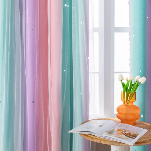 XiDi Curtains for Girls Bedroom Decor, Rainbow Curtains for Kids Room Decor, Purple Blackout Curtains for Little Girl Room, Unicorn Wall Decals Pink Curtains Green, 63 Inches Long 34 Wide 1 Panel