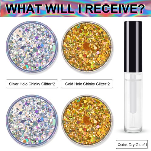 Silver and Gold Holographic Chunky Glitter Cosmetic Body Hair Face Eye Nail for Festival Carnival Concert Party Beauty Rave Accessories Different Shapes 4 Pots 32g/1.12oz+ Quick Dry Primer Glue Gel
