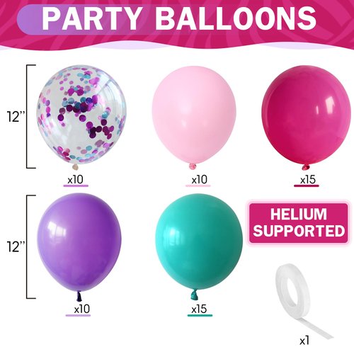 HILAVO Pink Purple Blue Balloons 60 Pcs Hot Pink Light Pink Teal Purple Latex Balloon Pastel Purple Teal Pink Confetti Balloons for Kids Magic Theme Mermaid Princess Birthday Baby Shower Party Decor