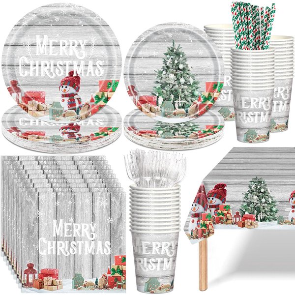 Nosiny 193 Pcs Christmas Snowman Party Supplies Serve 24 Snowman Paper Plates Napkins Cups Straws Disposable Dinnerware Tableware Set Xmas Tree Gift Winter Snow Tablecloth Holiday Table Decorations