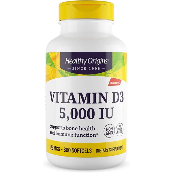 Healthy Origins Vitamin D3 (Lanolin) 5,000 IU - Bone Health and Immune Support Supplement - Easily Absorbable Vitamin D Supplements - Gluten-Free Vitamin D3 Supplement - 360 Softgels