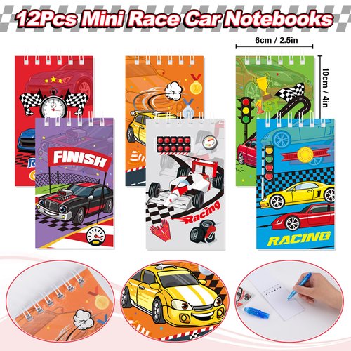 SNLN Race Car Party Favors Birthday Supplies Invisible Ink Pen Spiral Notepad Mini Race Car Silicone Bracelet Keychain Goodie Bag Stuffer Kids Boys Two Fast Racing Racecar Party Supplies Decorations
