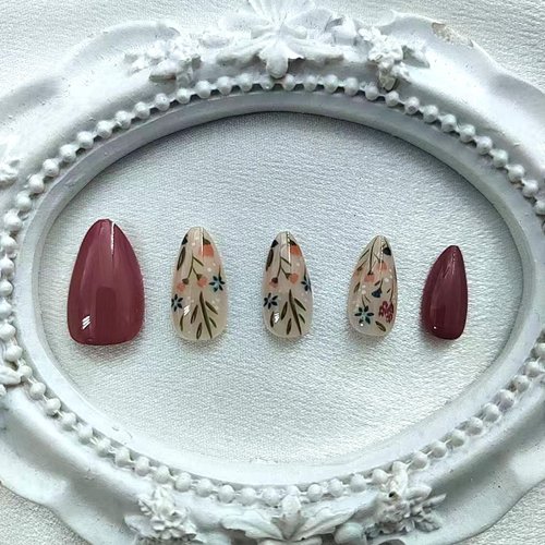30 Pcs Almond Press on Nails Short Fake Nails with Floral Designs Fall Acrylic Nails Press ons Cute Flower False Nails Full Cover Glue on Nails Glossy Stick on Nails for Women Girls