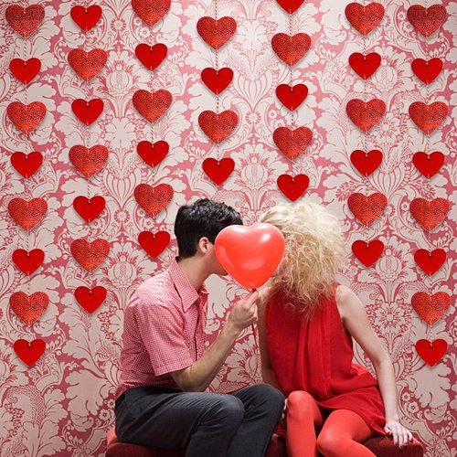 6Pcs Red Glitter Valentines Heart Garland Valentine's Day Heart Banner Valentines Hanging Heart Garland Decorations for Happy Valentines Day Wedding Engagement Party Decorations