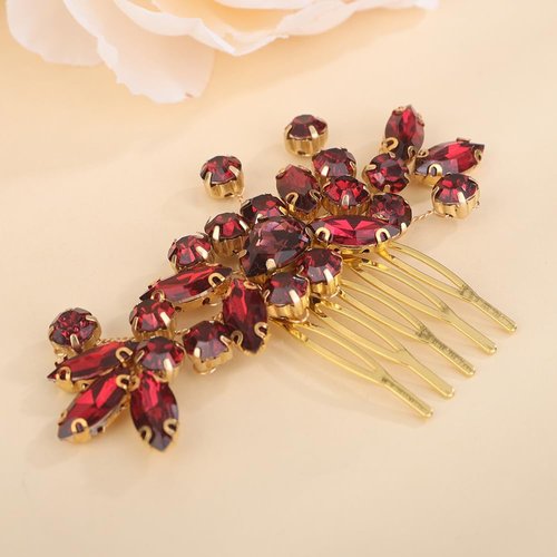 Rumtock Red Rhinestones Beads Gold Hair Comb for Wedding Brides Women Girls Sparkle Handmade Hair Jewelry Prom Banquet (Red)
