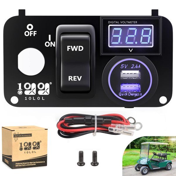 10L0L Golf Cart Key Switch Console Plate Panel for EZGO TXT PDS 2003-up Electric, Equipted Forward Reverse Switch & LED Digital Voltmeter & 12V 3.0 Fast Charger Dual USB Socket