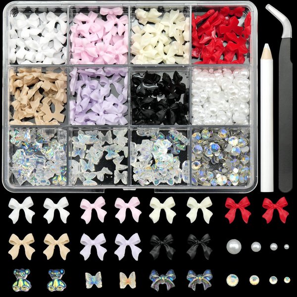 3D Colorful Bow Nail Charms Aurora Bowknot Bear Butterfly Nail Charms White Nail Pearls Starry AB Crystals Rhinestones for Nail Art DIY Crafts Jewel