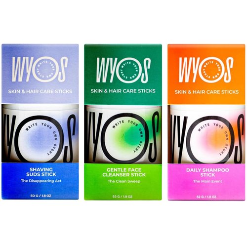 WYOS Travel Essentials Kit: Face Cleanser + Shaving Stick + Shampoo Stick Bundle | Travel Size, Leak Free, Vegan, Cruelty Free, Portable, Sulfate Free, Paraben Free