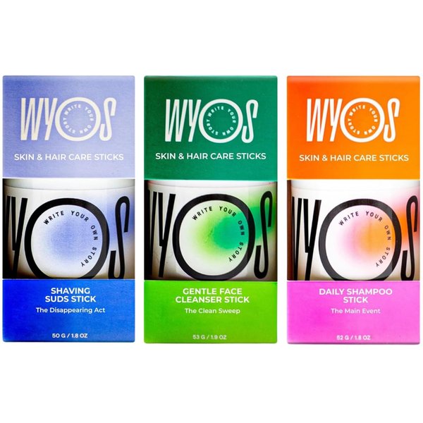 WYOS Travel Essentials Kit: Face Cleanser + Shaving Stick + Shampoo Stick Bundle | Travel Size, Leak Free, Vegan, Cruelty Free, Portable, Sulfate Free, Paraben Free