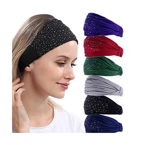 DINPREY Rhinestone Bandeau Headbands Cloth Stretchy Sport Headbands Wide Bandana Hairwraps Workout Dots Head bands Womens Yoga Rhinestone Head Wraps Solid Diamond Twisted Headband Head Wrap Makeup