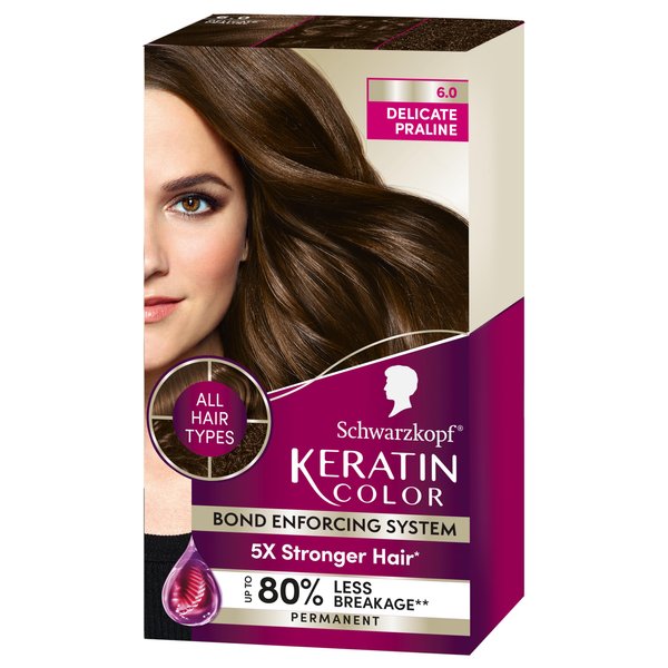 Schwarzkopf Keratin Color Permanent Hair Color, 6.0 Delicate Praline, 1 Application - Salon Inspired Permanent Hair Dye, for up to 80% Less Breakage vs Untreated Hair and up to 100% Gray Coverage
