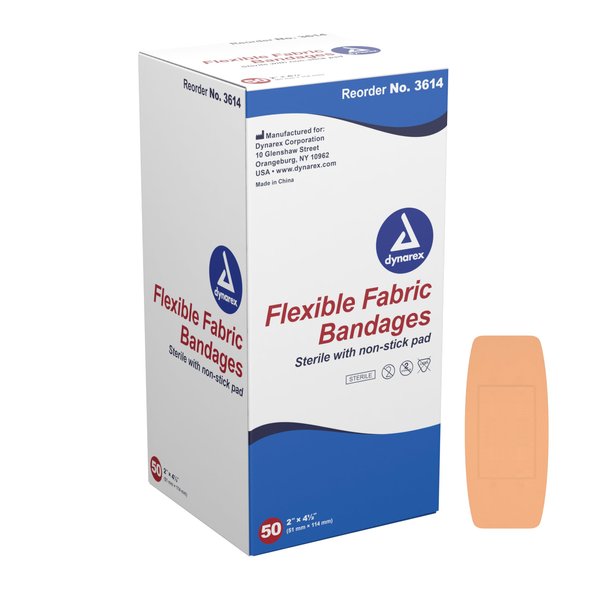 Dynarex 3614 Fabric Adhesive Bandage, Sterile & Flexible Fabric Bandage for Wounds, Non-Stick Pads, Individually-Wrapped First Aid Supplies, No Latex, 2x4-1/2", Pack of 50