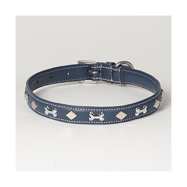 Medium Soft Blue Napa Leather Padded Decorated Azzurro Dog Collar - Fits 14" - 18" Neck Size