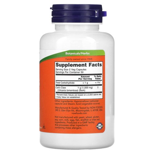 NOW Supplements, Cat's Claw 500 mg, Non-GMO Project Verified, Herbal Supplement, 100 Veg Capsules