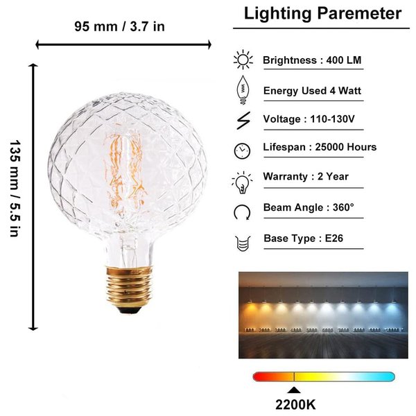 Vintage LED Edison Bulb G30 4W Dimmable LED Filament Bulb Globe Pineapple Shaped Light Bulb 2300K Warm White E26 400LM Equivalent 40W Incandescent (Clear)