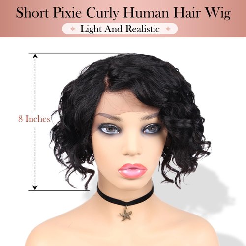 WIGER Short Lace Front Wigs Human Hair for Women Short Curly Bob Wig Black Wavy Lace Wig Black Pixie Cut Wig Brazilian Virgin Human Hair Curly Wigs 180% Density Side Part