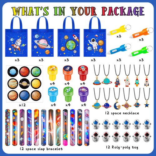 Ctosree 192 Pcs Space Theme Party Favors Space Goodie Non Woven Bags with Handle Slap Bracelet Space Tumbler Space Stampers Space Necklace Space Sticker and Helicopter Keychains for Birthday Party