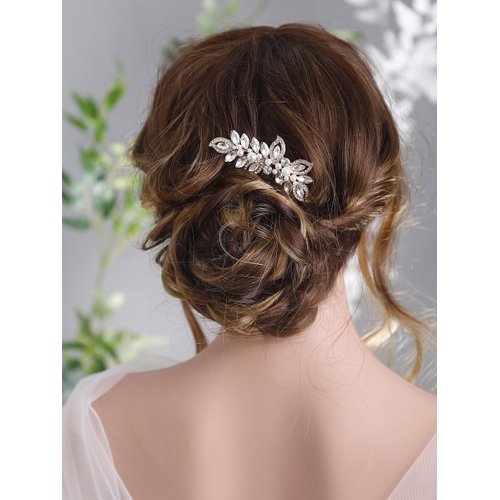Kercisbeauty Wedding Bridal Bridesmaids Flower Girl Rhinestone Crystal Leaf Rose Gold Hair Comb Slide for Prom,Bun Hair Accessory (Rose Gold)