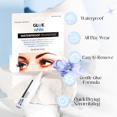 Lash Glue for Eyelash Extensions 7g All-Day Hold Cluster Eyelash Glue Waterproof Strip Lash Adhesive Latex Free for Sensitive Eyes（White/Clear）