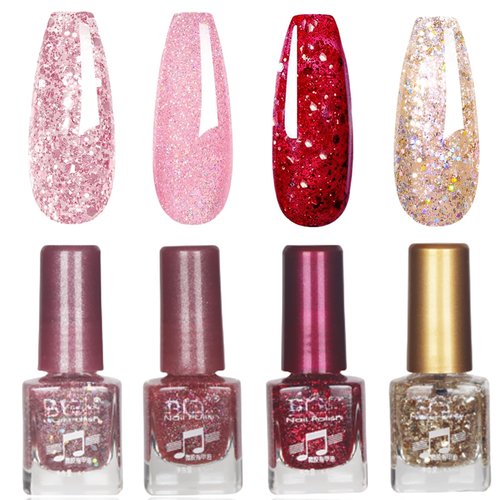 Rosarden Pink Glitter Nail Polish Set, 4Pcs Pink Red Gold Gel Polish Kit, Chunky Glitter Air Dry Gel Nail Polish Set for Women Girls, Sparkly Polish Color for All Seasons