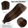 Tape in Human Hair Extensions Ombre Highlights Tape in Hair Extensions Dark Brown and Chestnut Brown Balayage Real Human Hair Tape in Extensions for Women 16 Inch 50g 20pcs