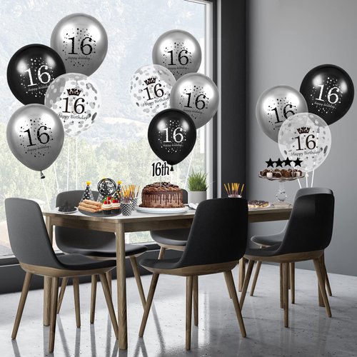 16th Birthday Balloons Kids Decorations 15pcs Black Silver Happy 16th Birthday Party Latex Confetti Balloons for Kids Boys Girls 16th Anniversary Happy Birthday Party Decor Supplies 12 inches