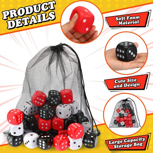 RoundFunny 48 Pcs Foam Dice Stress Ball 1.57 Inch Fake Soft Slow Dot Dice Stress Anxiety Relief Dice Toys for Kids Adults Board Game Themed Decoration Party Pool Toy Favors School Supplies