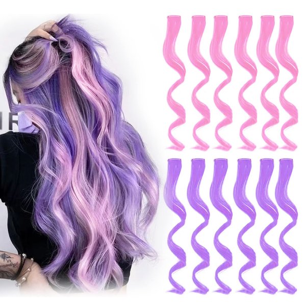 REDMENCO Colored Clip in Hair Extensions 12 Pieces Streak for Women Kids Girls, 16 Inch Wavy Curly, Party Highlights (6 Lavender purple+6 Light Pink Colorful)