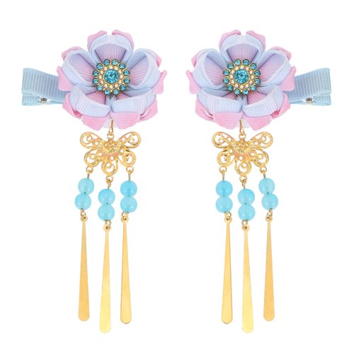 Lurrose 1 Pair Japanese Style Hair Clips Tassel Flower Kimono Traditional Hairpins Barrette Cherry Blossom Hair Clamp Bride Hanfu Accessory for Womens Girls (Blue)