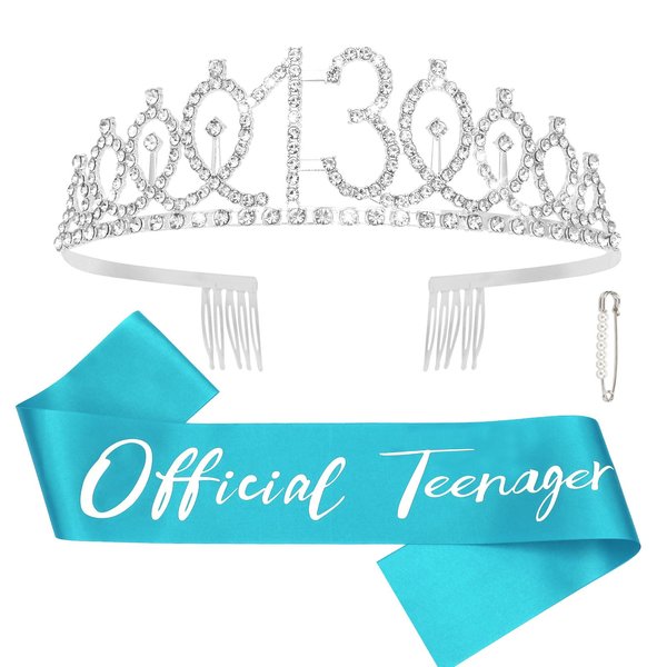 CAVETEE Official Teenager Birthday Sash and13th Happy Birthday Decorations for Teen Sliver Birthday Tiara and Sash Set for Teenager