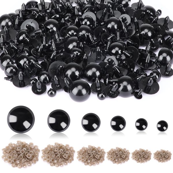 UPINS 900 Pieces 6-16MM Black Plastic Safety Eyes with Washers for Crochet Animal Crafts Doll Making Supplier Bulk (6 Sizes)