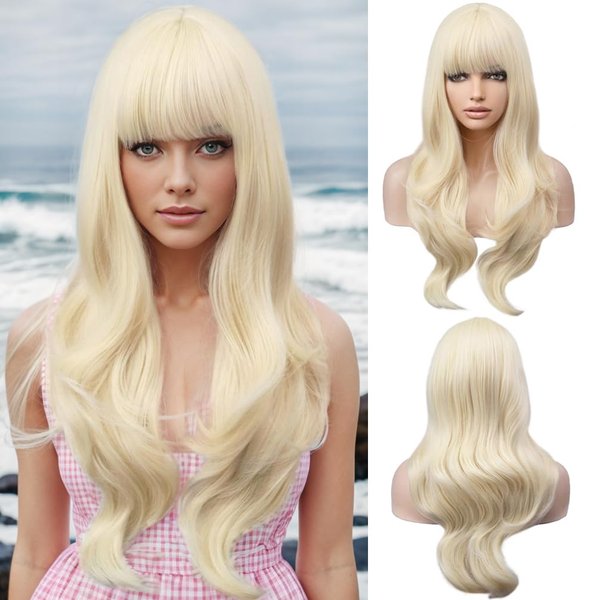 BERON Blonde Wig Long Wavy Wig with Bangs Synthetic Wig Long Wig Blonde Wigs for Cosplay Costume Party with Wig Cap