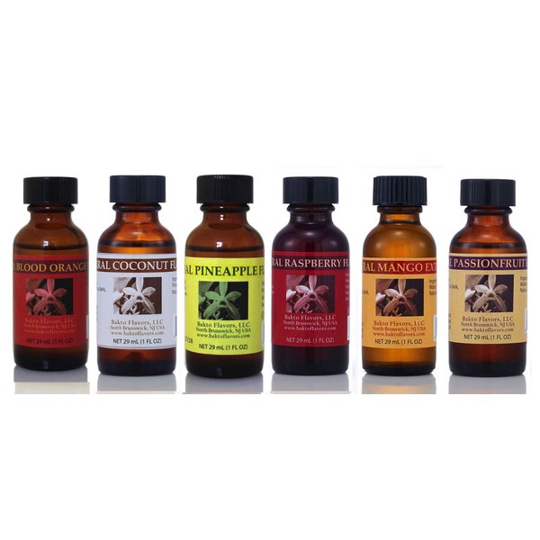 Bakto Flavors Natural Flavors Soda / Seltzer Collection Version 4 - 6 (1 FL OZ) Bottles - Passionfruit, Blood orange, Coconut, Raspberry, Pineapple, Mango