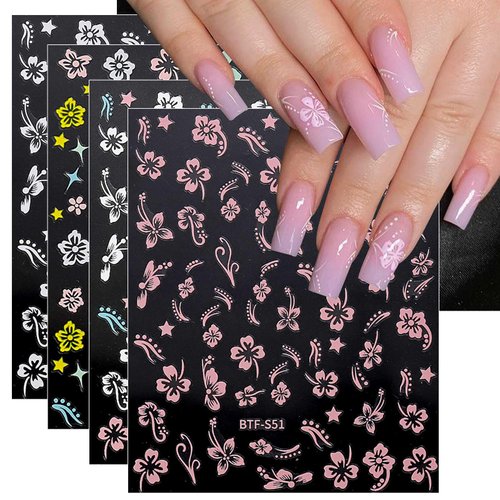 JMEOWIO 9 Sheets Spring Flower Hibiscus Nail Art Stickers Decals Self-Adhesive Pegatinas Uñas Colorful Summer Floral Pink Nail Supplies Nail Art Design Decoration Accessories