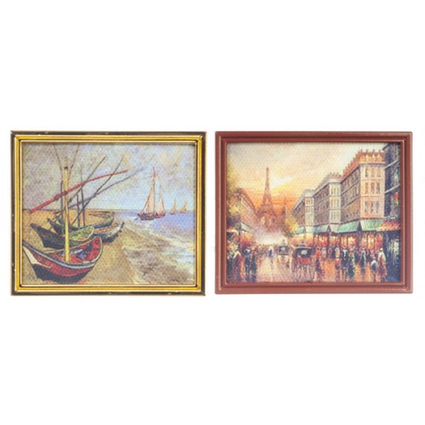 Dollhouse Miniature 1:12 Scale 2 Pc VAN Gogh and Paris Canvas in Metal Frames Set #G7192