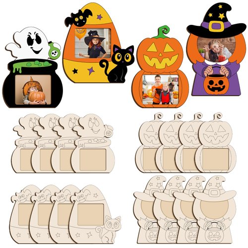 Yousoontic 16 Pcs Halloween Picture Frame Craft Kit for Kids DIY Wooden Halloween Crafts Color Your Own Halloween Frame Craft Halloween Decorations for Halloween Party Decor Home Classroom Activities