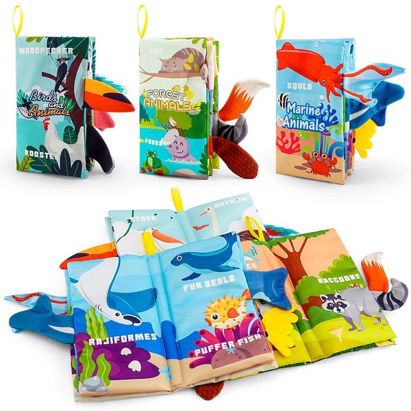 LOOKLEBE 3PCS Soft Baby Cloth Bath Books,Toys for Babies Crinkly Books Toys 0-6-12-18 Months,Infant Newborn Tummy Time Touch Feel Book Sensory Toys,Baby Boy Girl Shower Gifts Stroller Toys