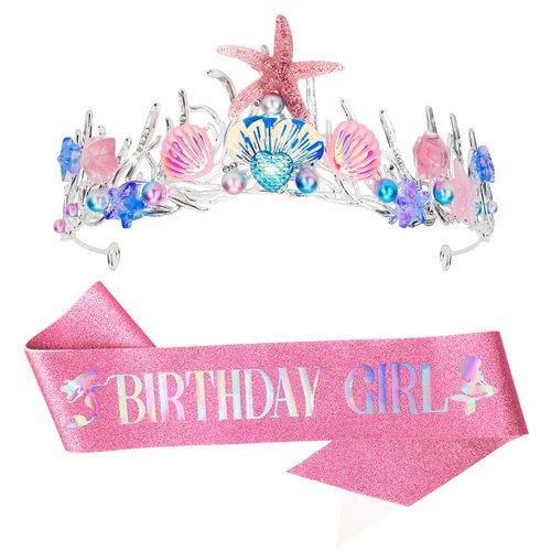 YARIEW Mermaid Birthday Decorations Mermaid Crown and Birthday Sash Mermaid Party Decorations for Women Birthday Crown Tiara for Women Halloween Costume Gifts