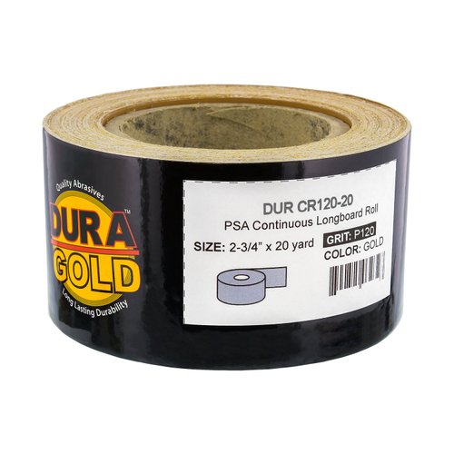 Dura-Gold Premium 120 Grit Gold PSA Longboard Sandpaper 20 Yard Long Continuous Roll, 2-3/4" Wide - Self Adhesive Stickyback Sandpaper for Automotive, Woodworking Air File Sanders, Hand Sanding Blocks