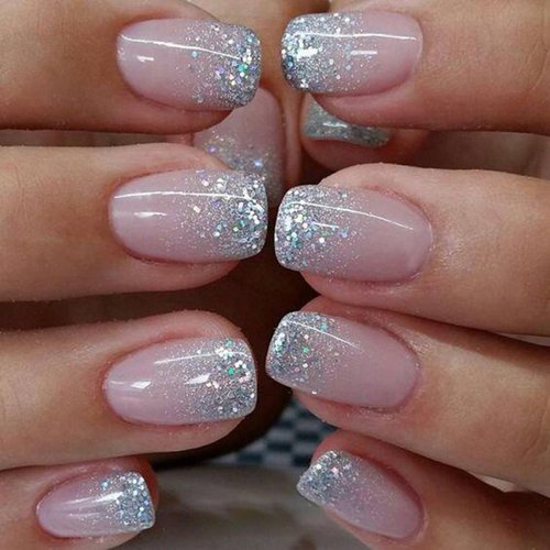 24 PCS Press on Nails, Short Square Silver Gradient French Gel Nail Fake Nails, Glue On Nails Kit, Reusable Pink False Nails with Mini Nail File for Women, Silver Gradient French