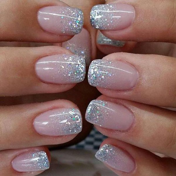 24 PCS Press on Nails, Short Square Silver Gradient French Gel Nail Fake Nails, Glue On Nails Kit, Reusable Pink False Nails with Mini Nail File for Women, Silver Gradient French