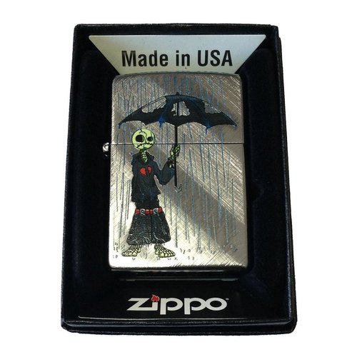 Zippo Custom Lighter - Gray Days Emo Punk Skull Guy w/Rain & Umbrella Diagonal Weave